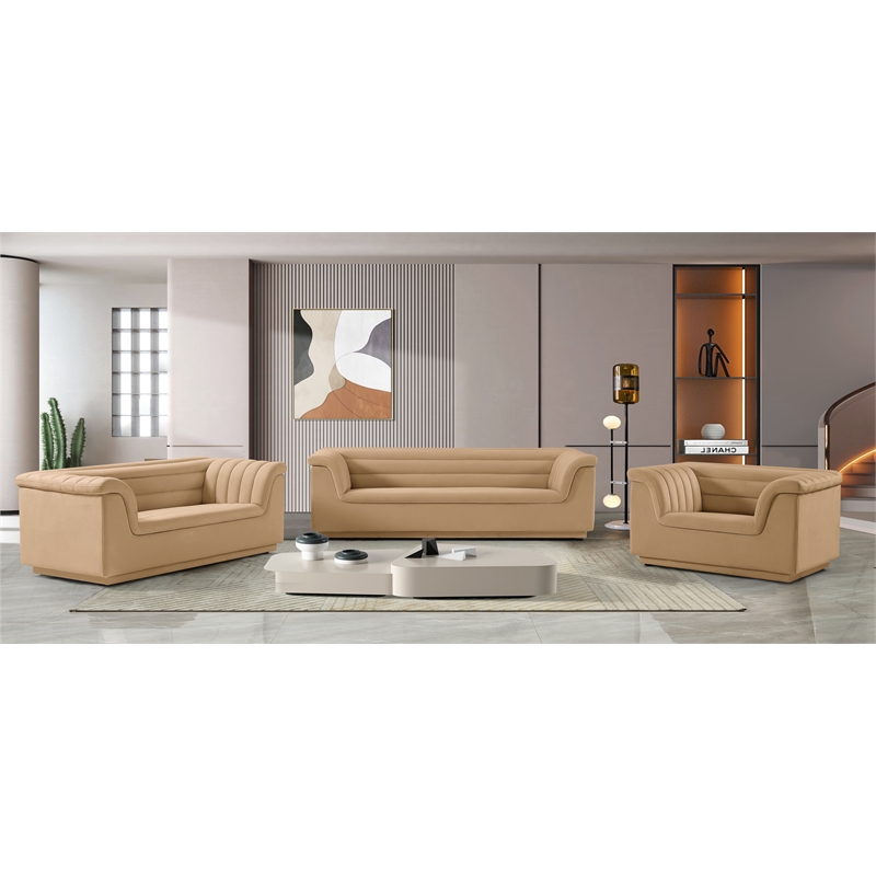 Meridian Furniture Cascade Camel Velvet Fabric Sofa