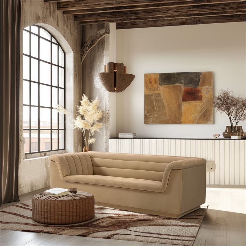 Meridian Furniture Cascade Camel Velvet Fabric Sofa
