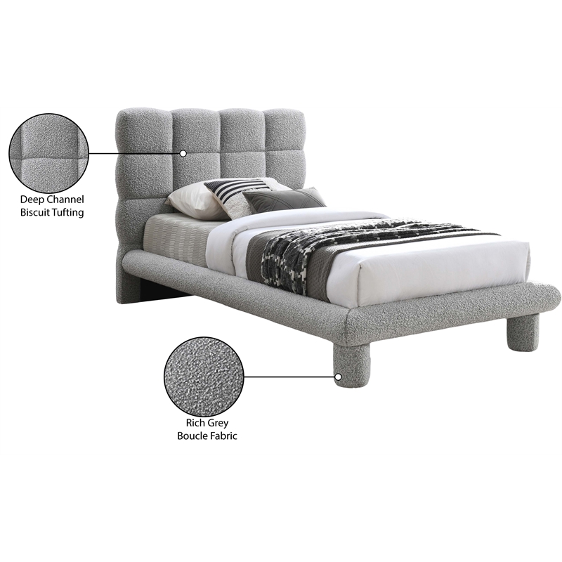Meridian Furniture Deco Grey Boucle Fabric Twin Bed