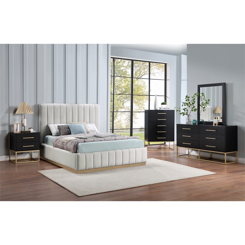 Meridian Furniture Lucia Cream Linen Textured Fabric Queen Bed