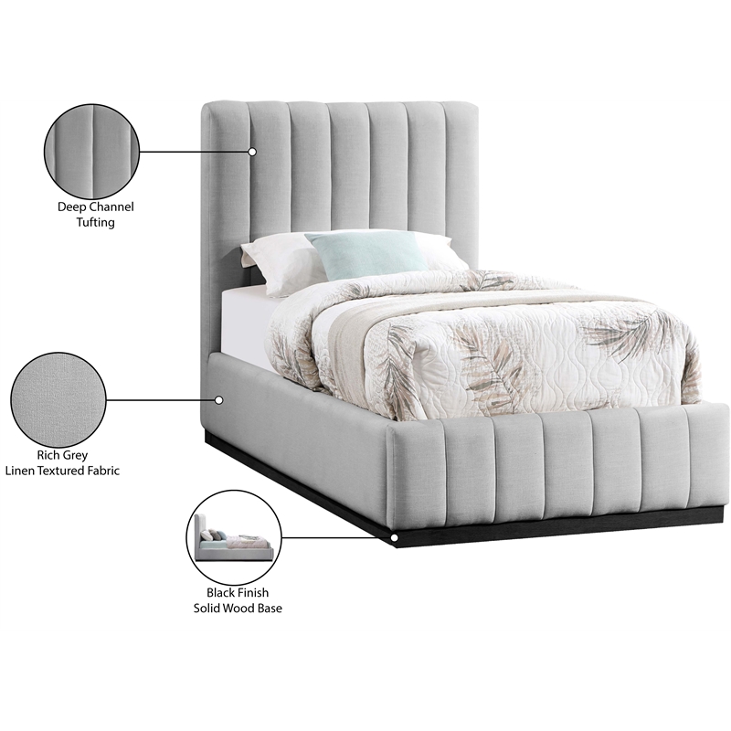 Meridian Furniture Lucia Grey Linen Textured Fabric Twin Bed