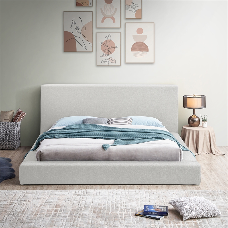 Meridian Furniture Terra Cream Boucle Fabric Queen Bed