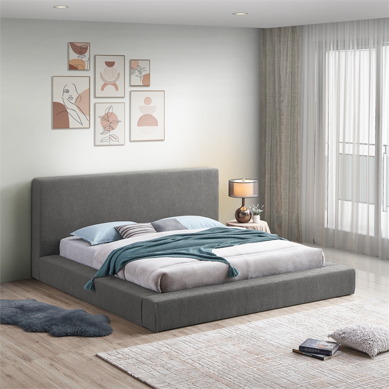 Meridian Furniture Terra Grey Boucle Fabric Queen Bed