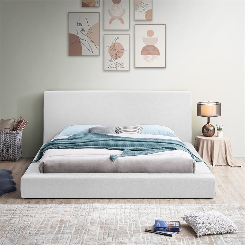 Meridian Furniture Terra White Boucle Fabric King Bed