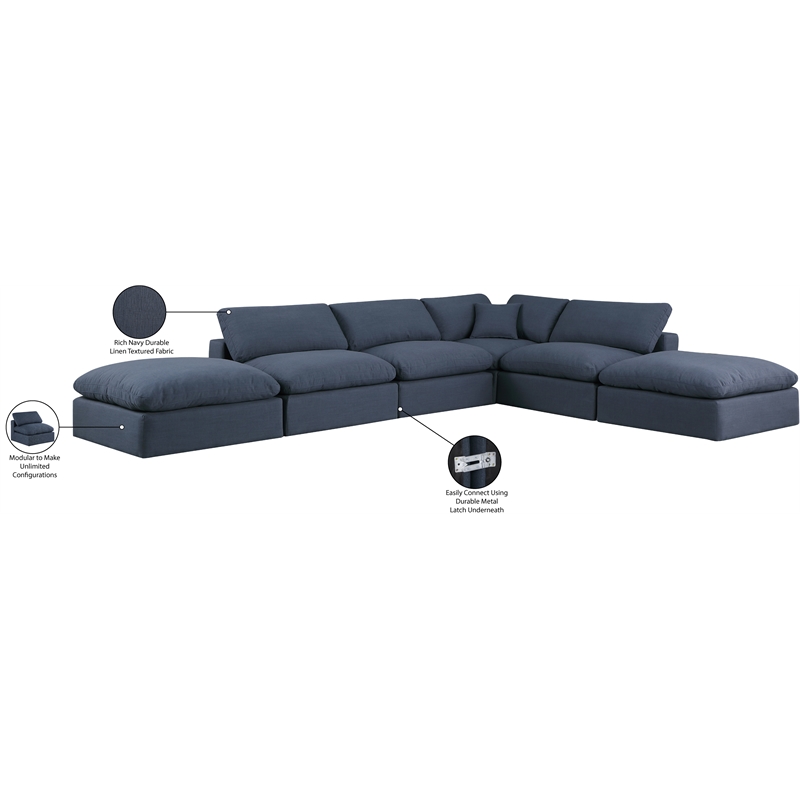 Meridian Furniture Comfy Navy Linen Textured Fabric 6-Pc. Modular Sectional