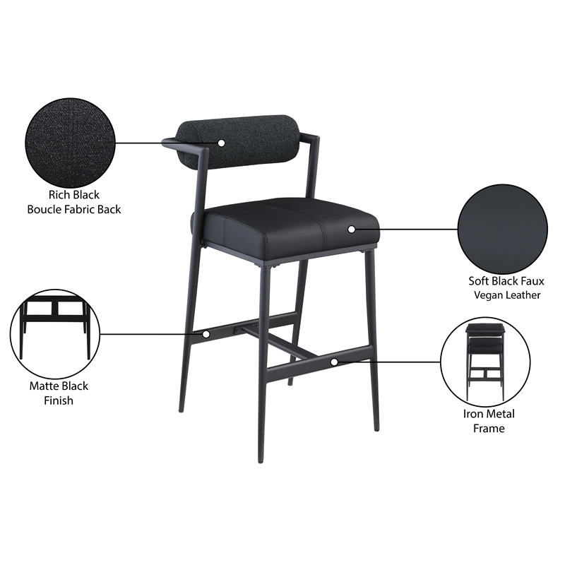 Meridian Furniture Stryker Black Boucle Fabric / Vegan Leather Stool (Set of 2)