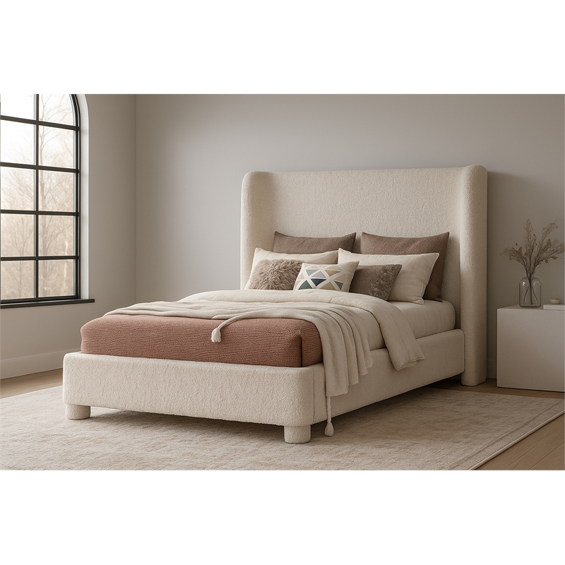 Meridian Furniture Penny Cream Boucle Fabric Full Bed