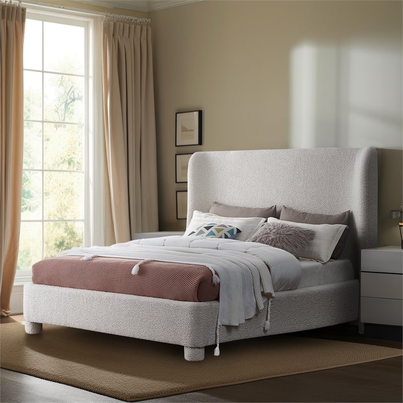 Meridian Furniture Penny Cream Boucle Fabric Queen Bed