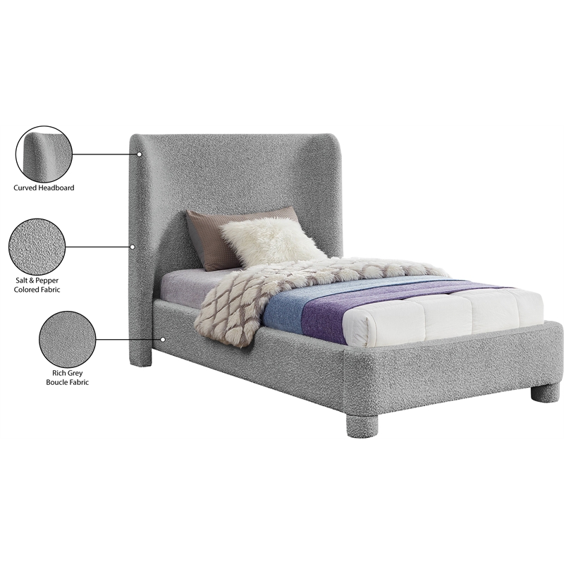 Meridian Furniture Penny Grey Boucle Fabric Twin Bed