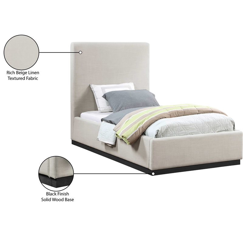 Meridian Furniture Alfie Beige Linen Textured Fabric Twin Bed