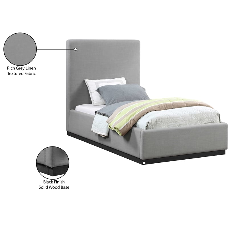 Meridian Furniture Alfie Grey Linen Textured Fabric Twin Bed