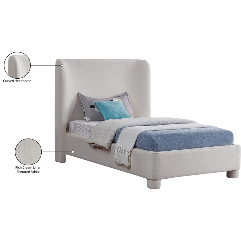 Meridian Furniture Penny Cream Linen Textured Fabric Twin Bed