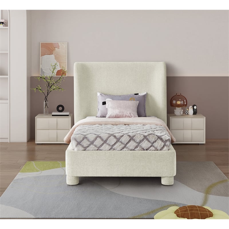 Meridian Furniture Penny Cream Chenille Fabric Twin Bed