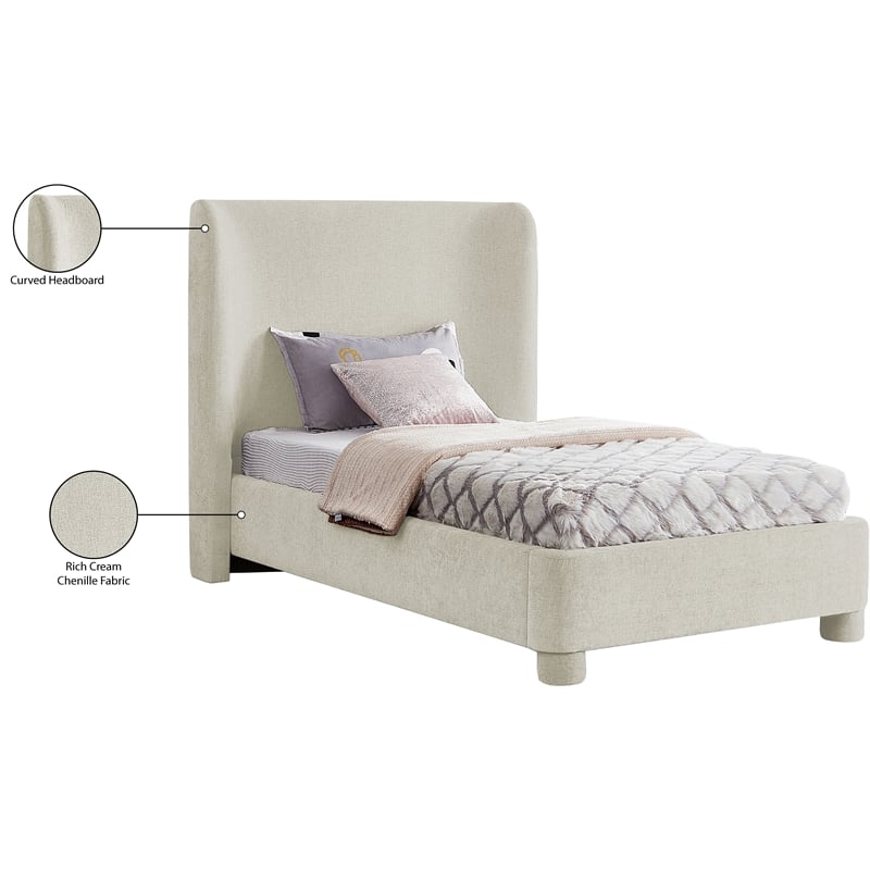 Meridian Furniture Penny Cream Chenille Fabric Twin Bed