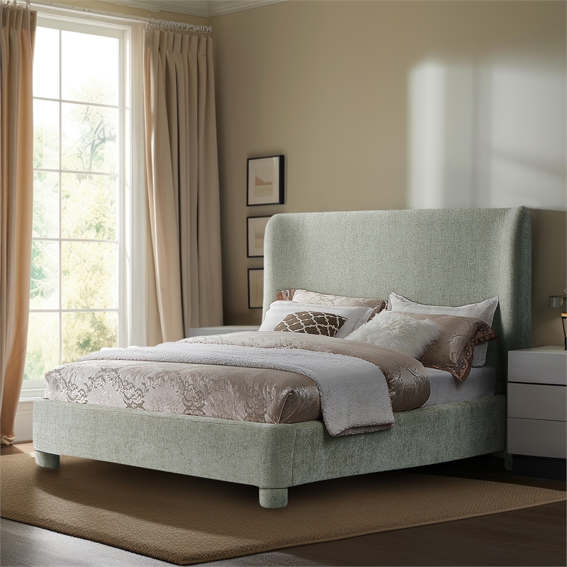 Meridian Furniture Penny Mint Green Chenille Fabric Queen Bed