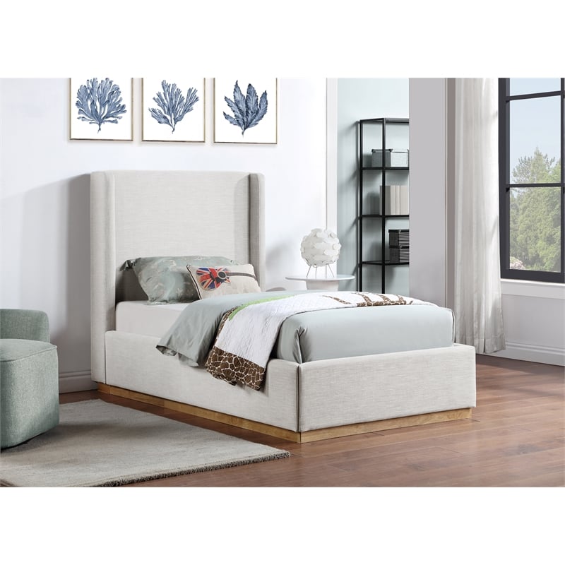 Meridian Furniture Flynn Cream Linen Textured Fabric Twin Bed