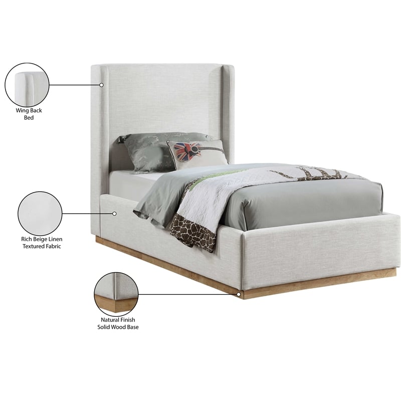 Meridian Furniture Flynn Cream Linen Textured Fabric Twin Bed