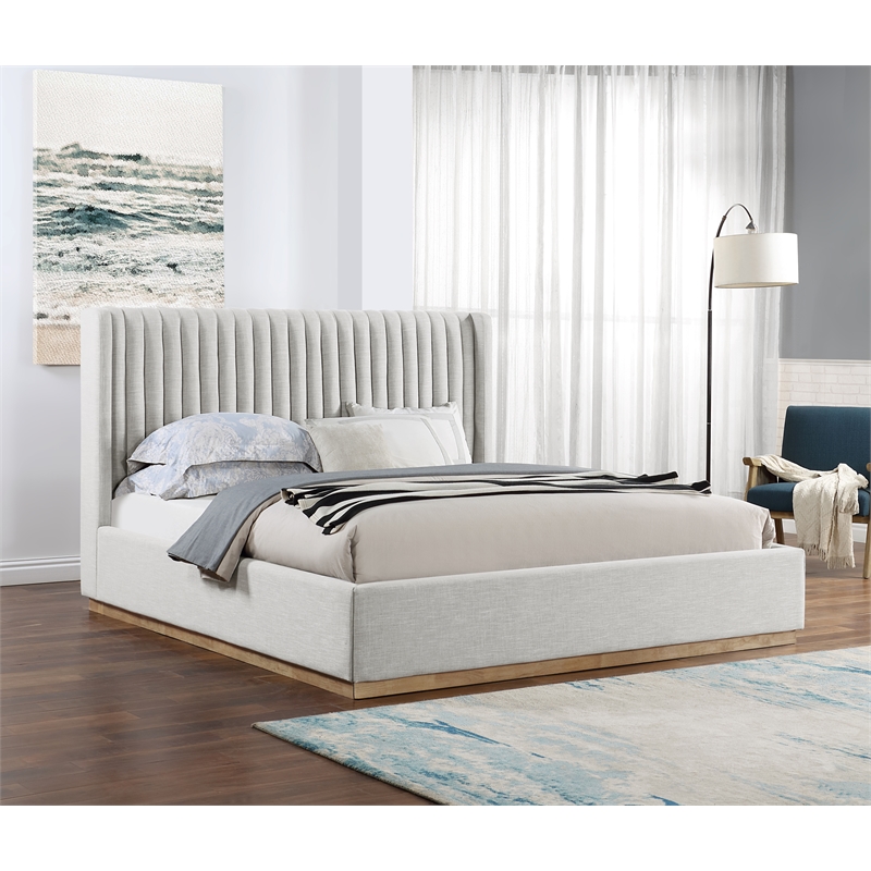 Meridian Furniture Logan Cream Linen Textured Fabric King Bed
