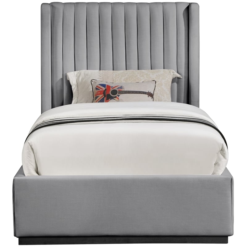 Meridian Furniture Logan Grey Linen Textured Fabric Twin Bed