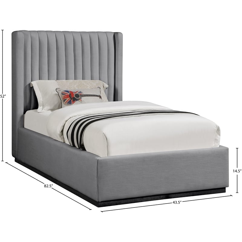 Meridian Furniture Logan Grey Linen Textured Fabric Twin Bed