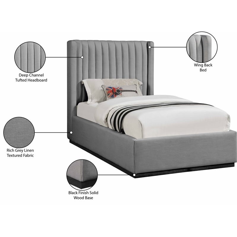 Meridian Furniture Logan Grey Linen Textured Fabric Twin Bed