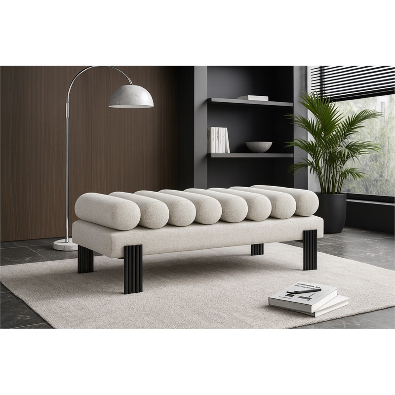 Meridian Furniture Akeela Cream Linen Textured Fabric Bench