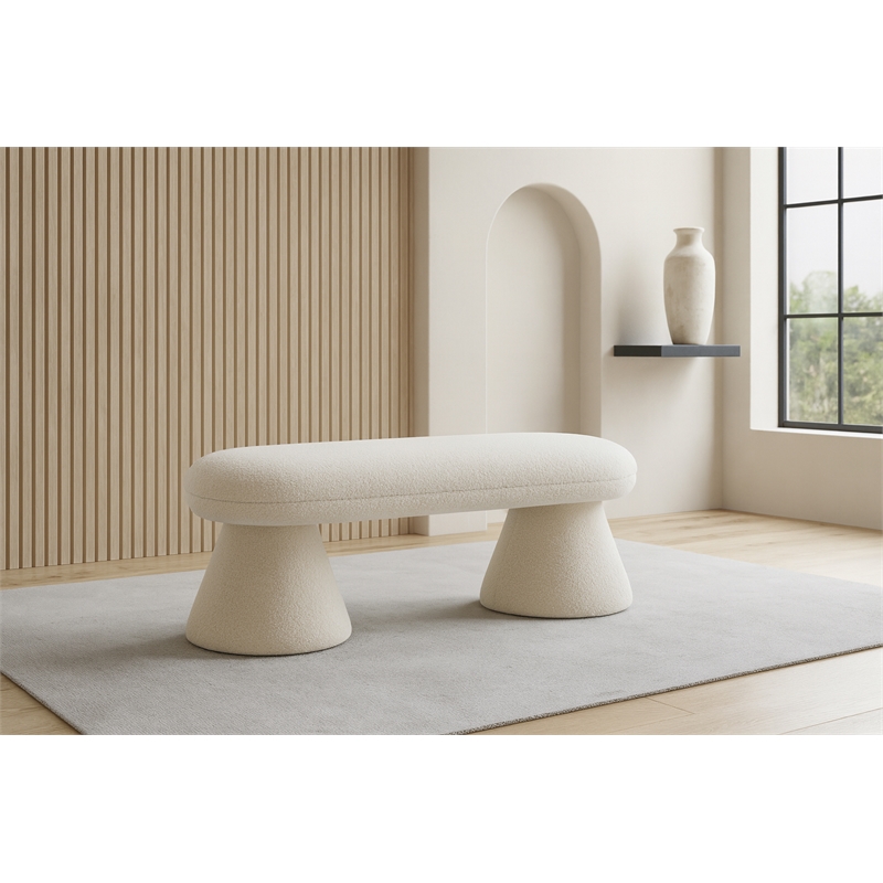 Meridian Furniture Drum Cream Faux Shearling Teddy Fabric Bench