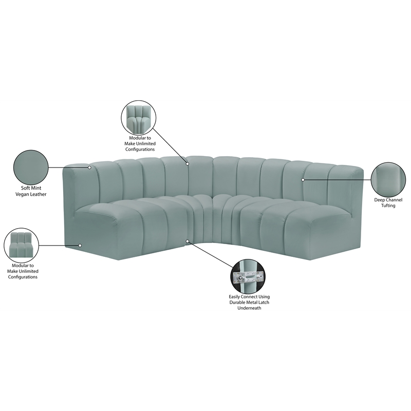 Meridian Furniture Arc Mint Green Vegan Leather Modular Sectional