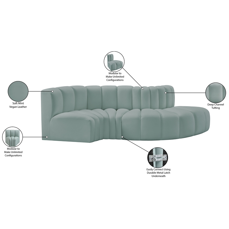 Meridian Furniture Arc Mint Green Vegan Leather Modular Sectional