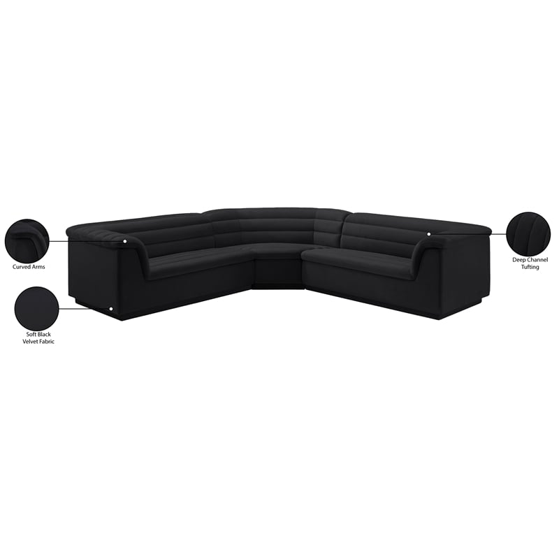 Meridian Furniture Cascade Black Velvet Fabric Modular Sectional