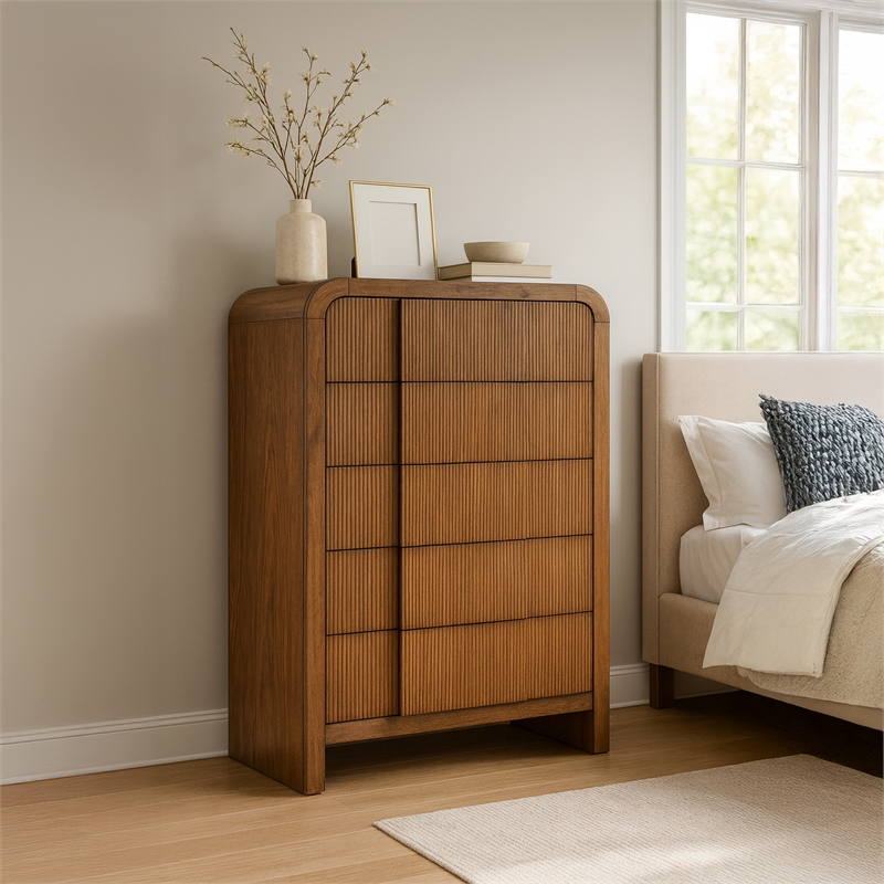 Meridian Furniture Fluted Walnut Oak Veneer Chest
