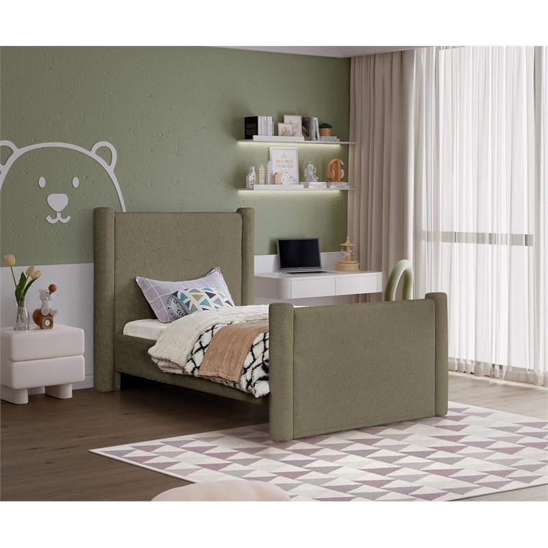 Meridian Furniture Elias Olive Green Boucle Fabric Twin Bed