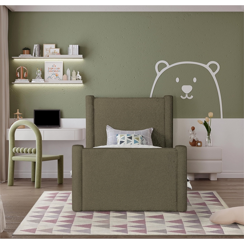Meridian Furniture Elias Olive Green Boucle Fabric Twin Bed