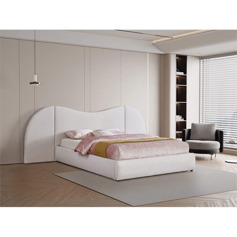 Meridian Furniture Everest Cream Linen Textured Fabric Queen Bed