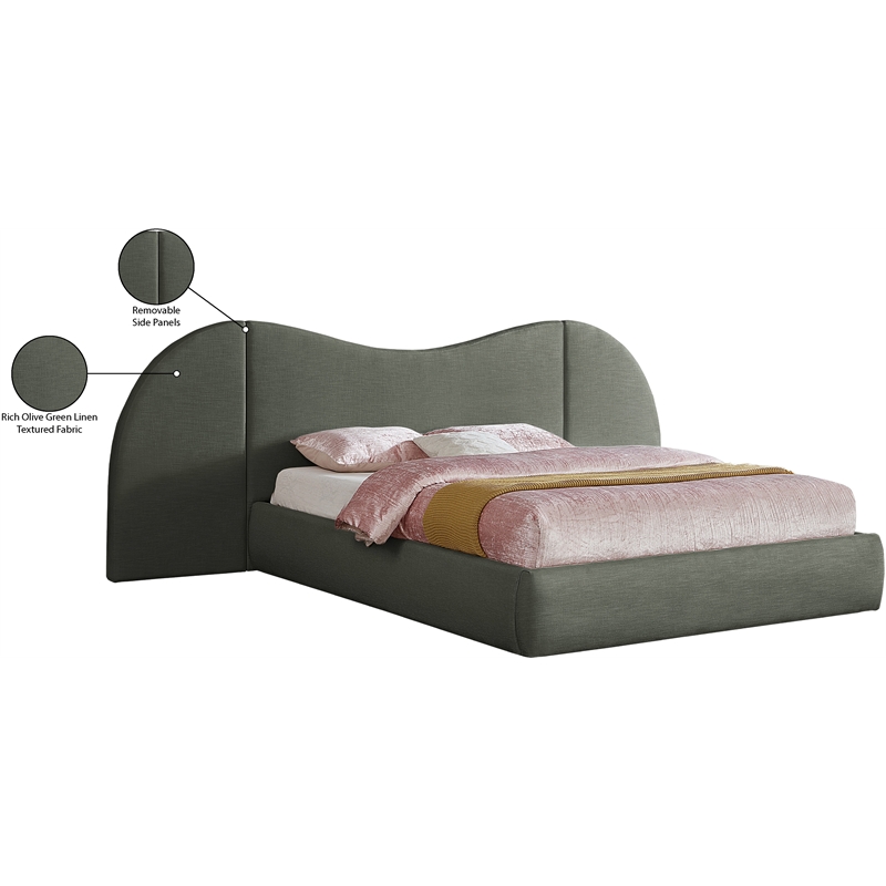 Meridian Furniture Everest Olive Green Linen Textured Fabric King Bed
