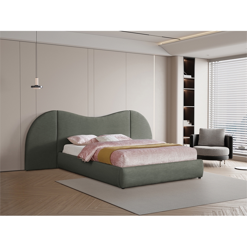 Meridian Furniture Everest Olive Green Linen Textured Fabric Queen Bed