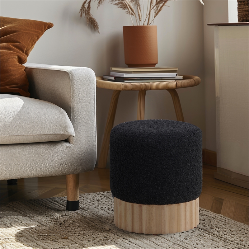 Meridian Furniture Veranda Boucle Fabric Ottoman/Stool in Black/Natural