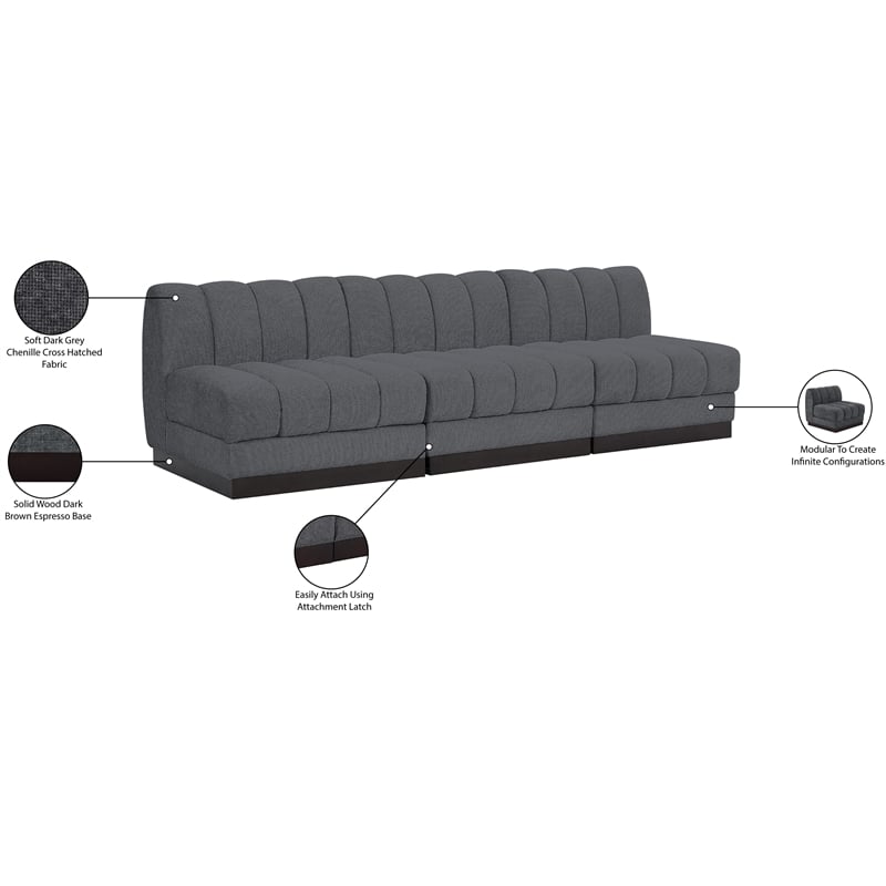 Meridian Furniture Quinn 3-Piece Fabric Modular Sofa in Dark Gray