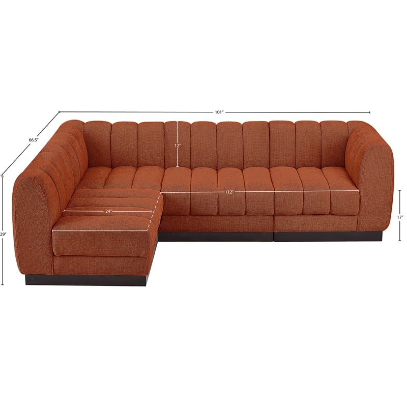 Meridian Furniture Quinn 4-Piece Fabric Modular Sectional in Cognac Orange