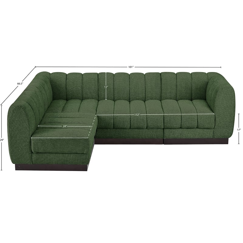 Meridian Furniture Quinn 4-Piece L-Shaped Fabric Modular Sectional in Green