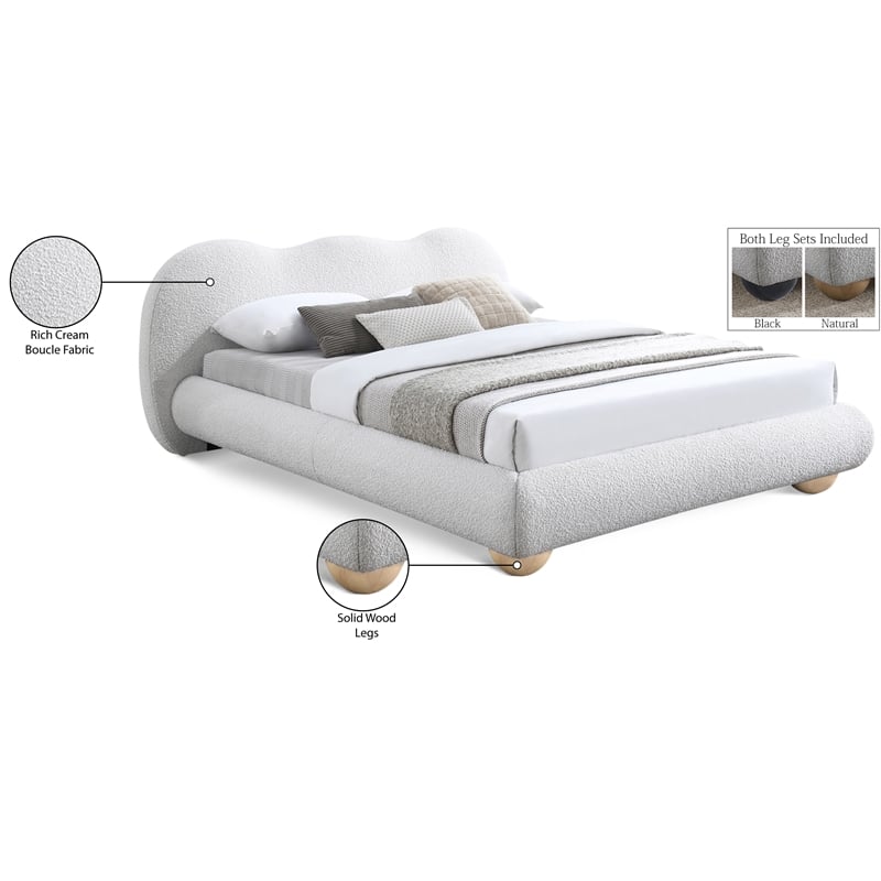 Meridian Furniture Hyde Contemporary Boucle Fabric King Bed in Cream