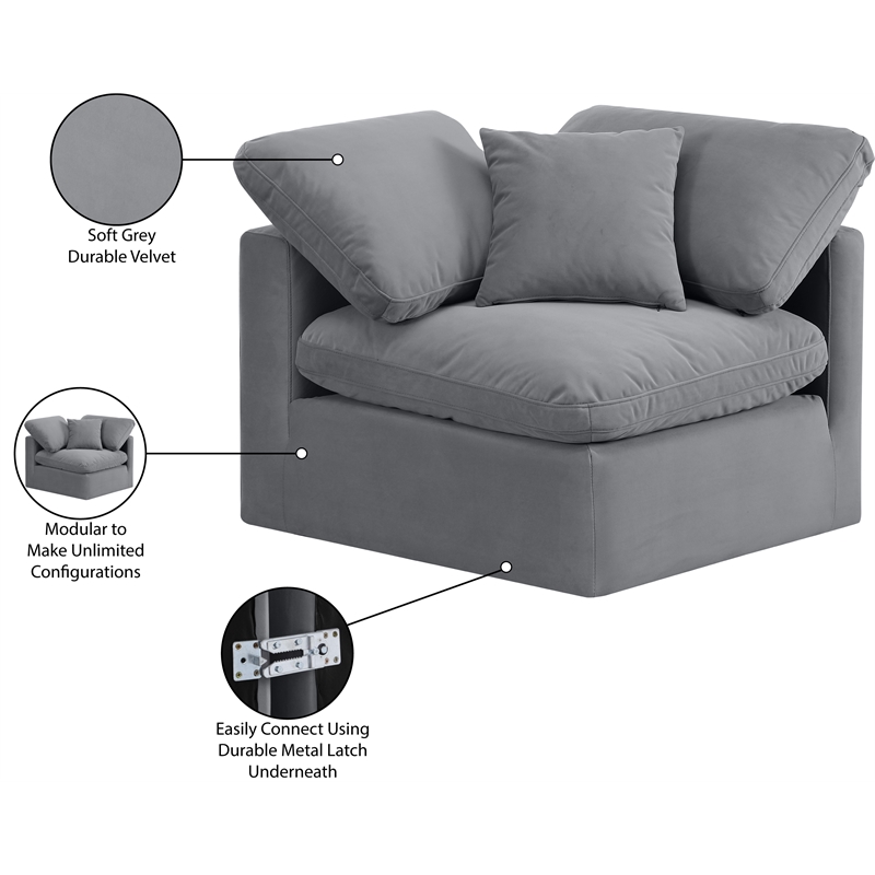 Meridian Furniture Indulge Contemporary Velvet Corner Chair in Gray