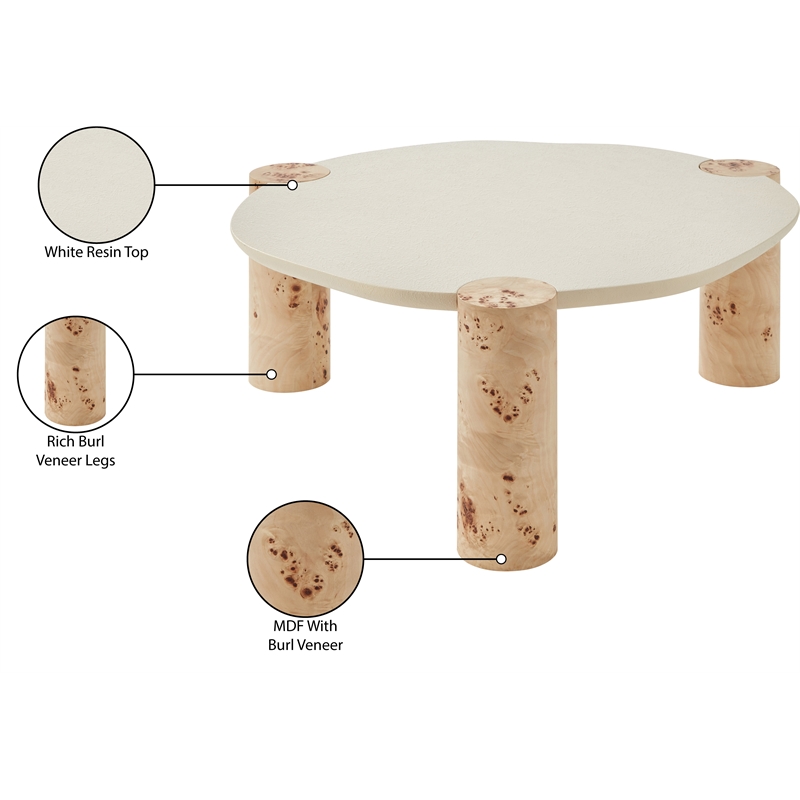 Meridian Furniture Thor Burl Wood and White Resin Coffee Table