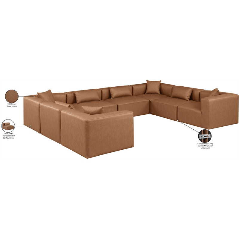 meridian furniture cube brown vegan leather 8-pc. u-shaped modular sectional