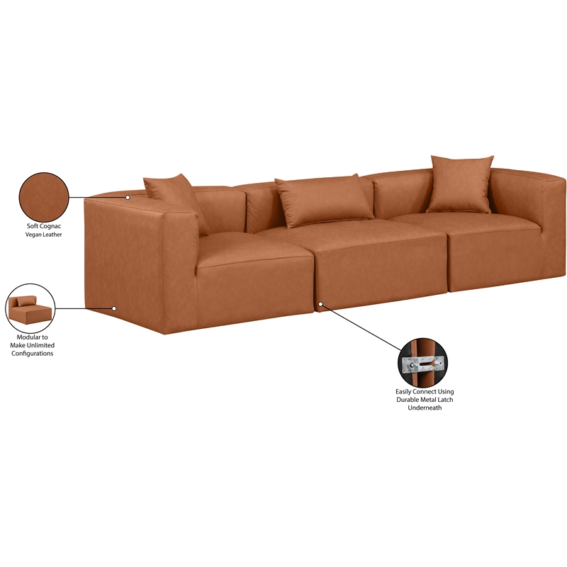 Meridian Furniture Cube Cognac Vegan Leather 3-Pc. Modular Sofa