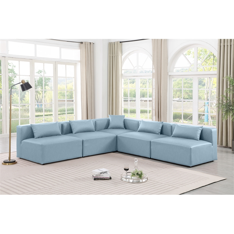 Meridian Furniture Cube Lt. Blue Vegan Leather 5-Pc. L-Shaped Modular Sectional