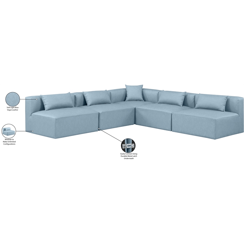 Meridian Furniture Cube Lt. Blue Vegan Leather 5-Pc. L-Shaped Modular Sectional