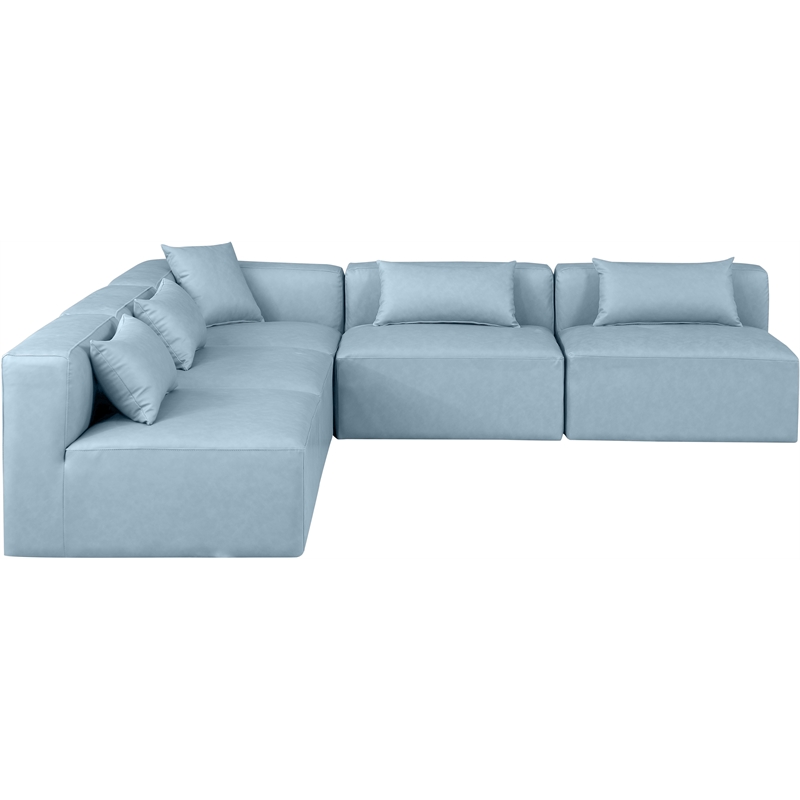 Meridian Furniture Cube Lt. Blue Vegan Leather 5-Pc. L-Shaped Modular Sectional