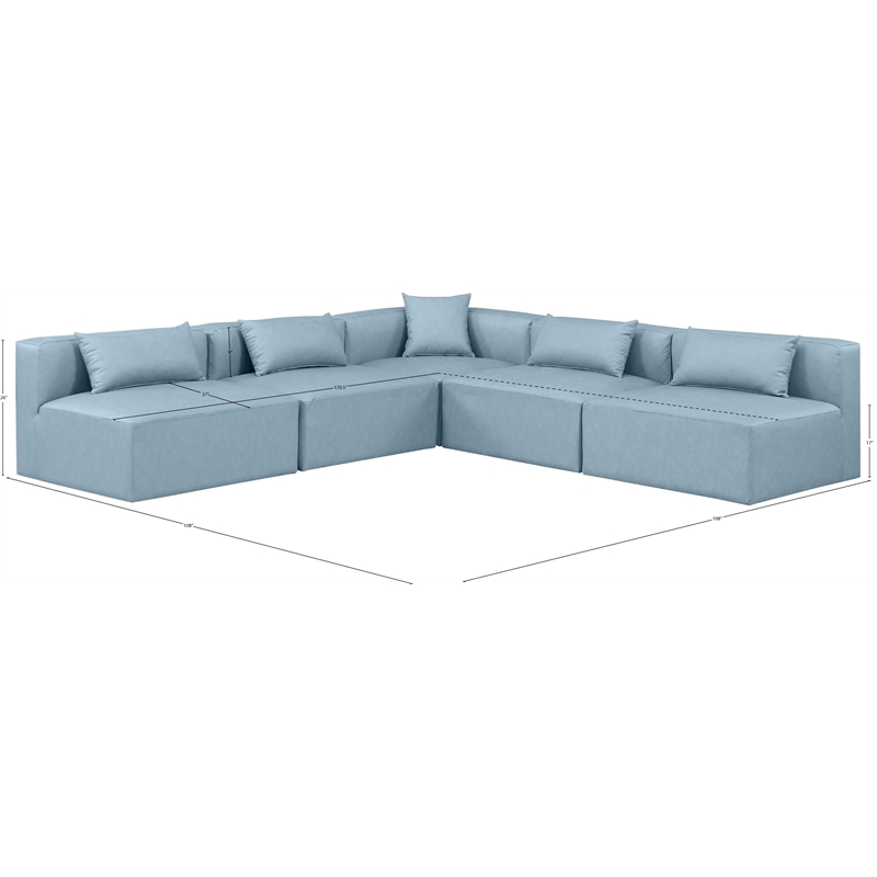 Meridian Furniture Cube Lt. Blue Vegan Leather 5-Pc. L-Shaped Modular Sectional