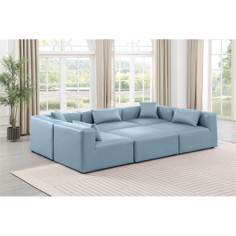 Meridian Furniture Cube Lt. Blue Vegan Leather 6-Pc. U-Shaped Modular Sectional